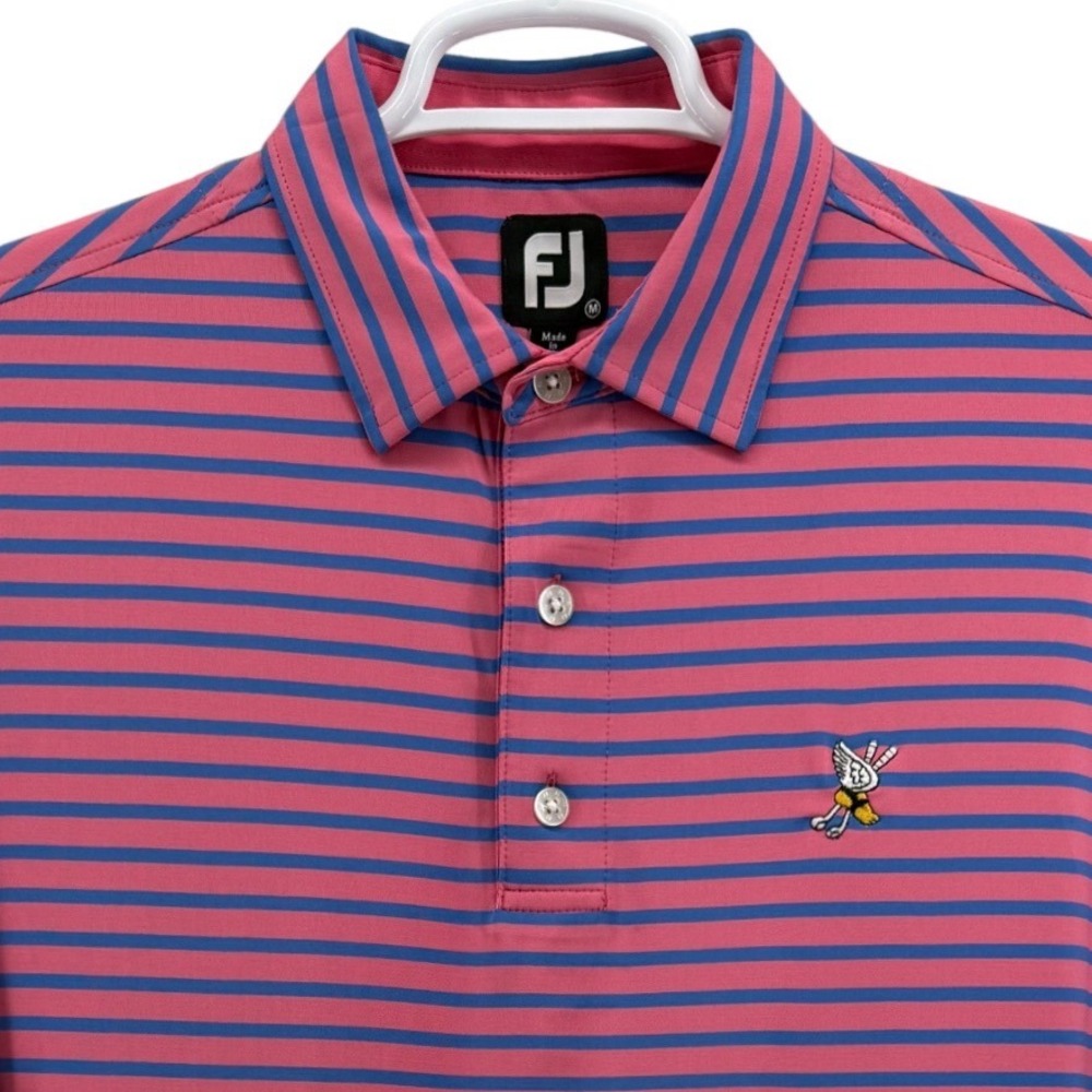 FootJoy ProDry Mens Medium Pink Blue Striped Golf Polo Shirt Winged Bee Logo